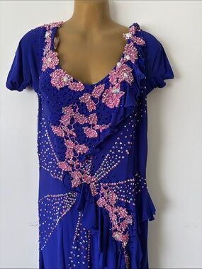 Royal Blue Embellished Ruffle Dress with Pink Floral Appliqué